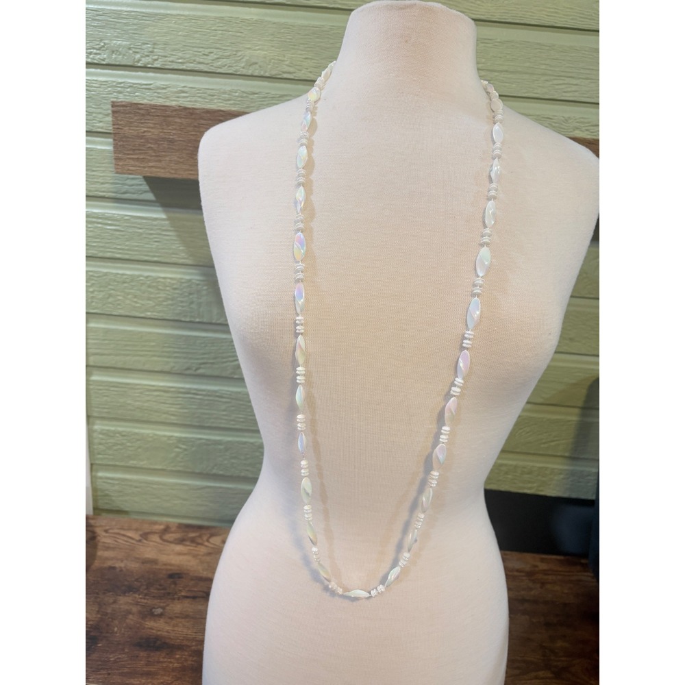 Vintage Iridescent White Pearly Oblong Beaded Long Strand Necklace 48 Inch